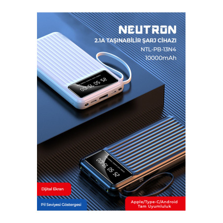 10.000 Mah Kablolu Dijital Göstergeli El Feneri Özellikli Powerbank - Siyah - Ntl-pb-13n4